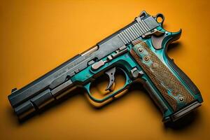 Semi-automatic handgun on a solid color background. Close-up. ai generative photo