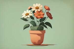 Flowerpot with daisies. Vector illustration in retro style. ai generative photo