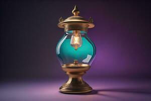 Lantern on a wooden table and a dark background. ai generative photo