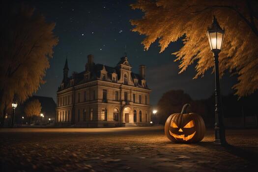Halloween pumpkins in front of haunted house. ai generative photo