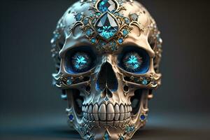 Skull with blue gemstones. ai generative photo