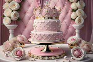 Wedding cake decorated with pink roses and gold crown on the table. ai generative photo