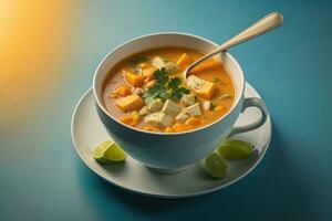 vegetal sopa en un cuenco en de madera antecedentes. ai generativo foto
