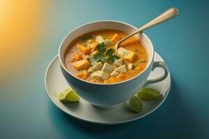 Vegetable soup in a bowl on wooden background. ai generative photo