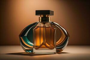 Creative and brandless Perfume bottle and flower on the wooden table, closeup. ai generative photo