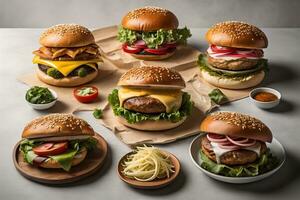 Hamburgers with french fries on wooden table, closeup. ai generative photo