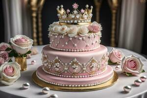 Wedding cake decorated with pink roses and gold crown on the table. ai generative photo