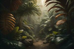 A pathway in tropical rainforest with palm trees and path in the mist. ai generative photo