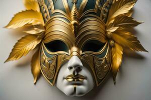 Venetian carnival mask with golden ornament on a solid color background. ai generative photo