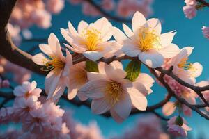 Cereza florecer sakura flor en azul cielo fondo, ai generativo foto