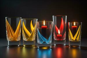 Colorful candles in glass on wooden table, closeup. ai generative photo