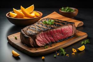 Raw beef sirloin steak with ingredients for cooking on wooden background. ai generative photo