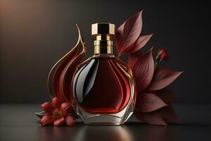 Creative and brandless Perfume bottle and flower on the wooden table, closeup. ai generative photo