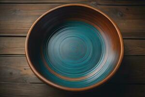 Empty wooden bowl on wooden background. Top view. Copy space. ai generative photo