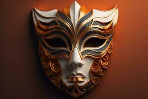 Venetian carnival mask with golden ornament on a solid color background. ai generative photo