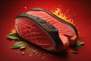 Raw beef sirloin steak with ingredients for cooking on wooden background. ai generative photo