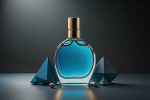 Creative and brandless Perfume bottle and flower on the wooden table, closeup. ai generative photo