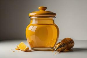 Jar of honey with solid colour background. ai generative photo