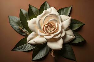 White rose with green leaves on a solid color background, top view. ai generative photo