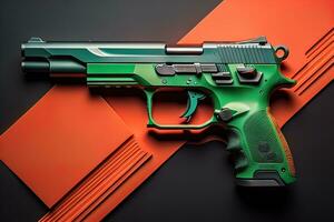 Semi-automatic handgun on a solid color background. Close-up. ai generative photo