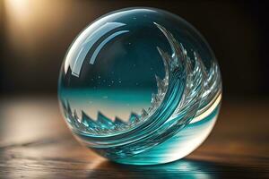 Transparent crystal ball on a wooden table. ai generative photo