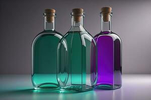 Bottle with a liquid on a solid color background. ai generative photo