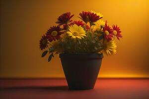 Flowers in a pot on a solid color background. ai generative photo