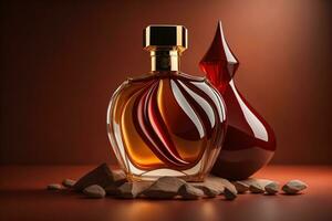 Creative and brandless Perfume bottle and flower on the wooden table, closeup. ai generative photo
