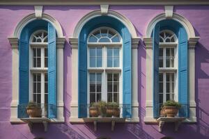 vistoso ventanas de un típico casa en el ciudad, ai generativo foto