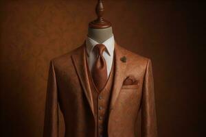 Stylish suits on mannequins on solid color background, closeup. ai generative photo