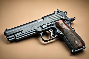 Semi-automatic handgun on a solid color background. Close-up. ai generative photo