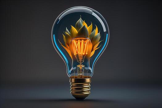 Glowing glass light bulb on dark background. ai generative photo