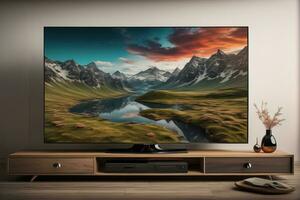 TV on the wooden cabinet in modern living room. ai generative photo