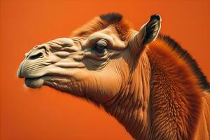 Camel head on solid color background, close up. Vintage style. ai generative photo