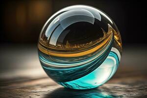 Transparent crystal ball on a wooden table. ai generative photo