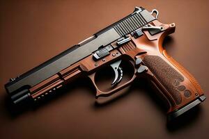 Semi-automatic handgun on a solid color background. Close-up. ai generative photo