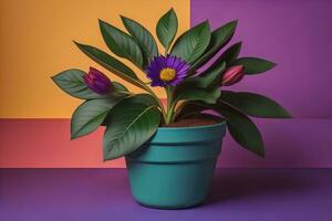 Flowers in a pot on a solid color background. ai generative photo