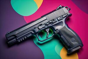 Semi-automatic handgun on a solid color background. Close-up. ai generative photo