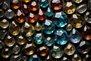 Colorful gemstones on black wooden table, close-up. ai generative photo