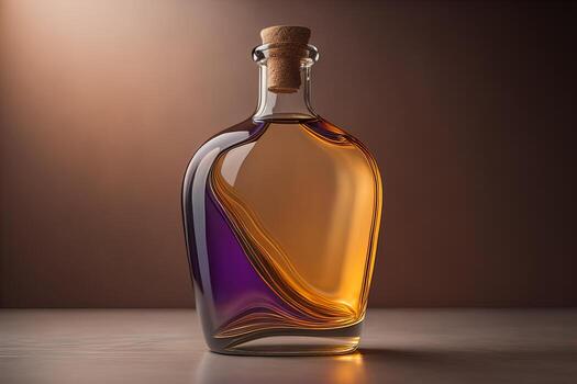 Bottle with a liquid on a solid color background. ai generative photo