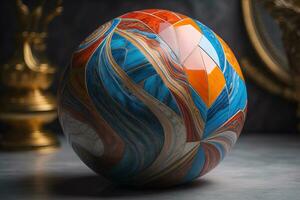 Colorful marble ball on a solid colour background. Close-up. ai generative photo