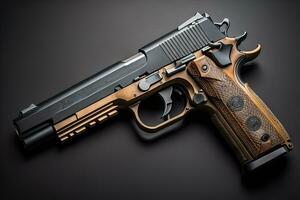 Semi-automatic handgun on a solid color background. Close-up. ai generative photo