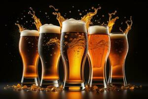 Glasses of different beer on a solid color background. ai generative photo