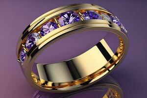 Wedding ring with diamonds on a solid color background. Jewelry. ai generative photo