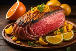 Raw beef sirloin steak with ingredients for cooking on wooden background. ai generative photo