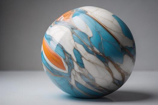 Colorful marble ball on a solid colour background. Close-up. ai generative photo