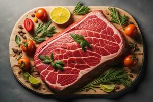 Raw beef sirloin steak with ingredients for cooking on wooden background. ai generative photo