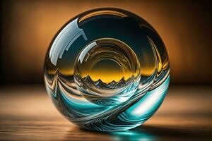 Transparent crystal ball on a wooden table. ai generative photo