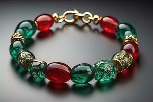 Jewelry Bracelet with precious stones on a gray background. Studio shot. ai generative photo