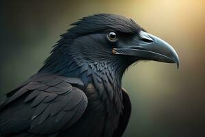 Close up portrait of a black raven, Corvus corax. ai generative photo